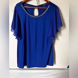 Beldini women’s royal blue blouse size 1X Bedazzled with jewels at the neckline